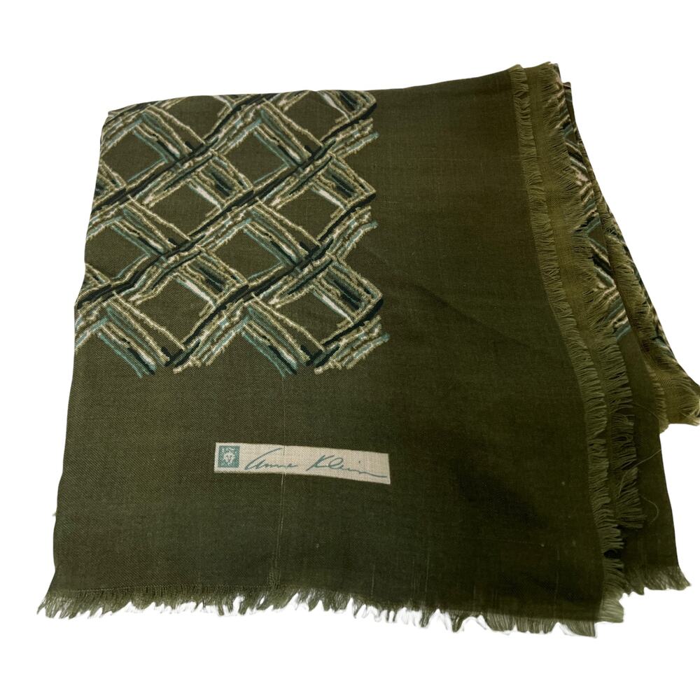 Anne Klein Women's Fringe Scarf Green 100% Wool Hunting Weathered Tartan W50XL50
